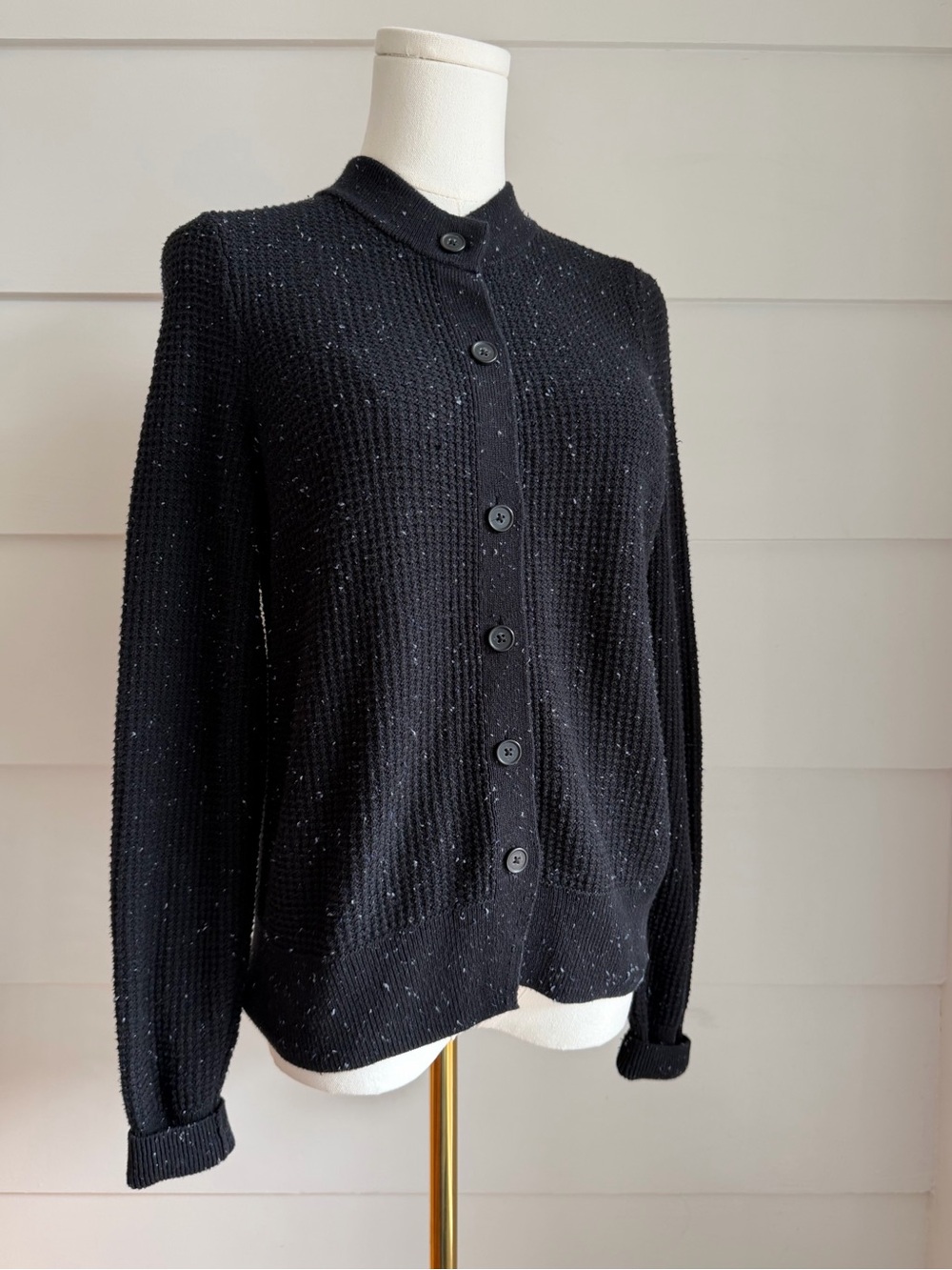 NIC+ZOE Vital Tweed Waffle Stitch Cardigan in the "Black Mix" colorway